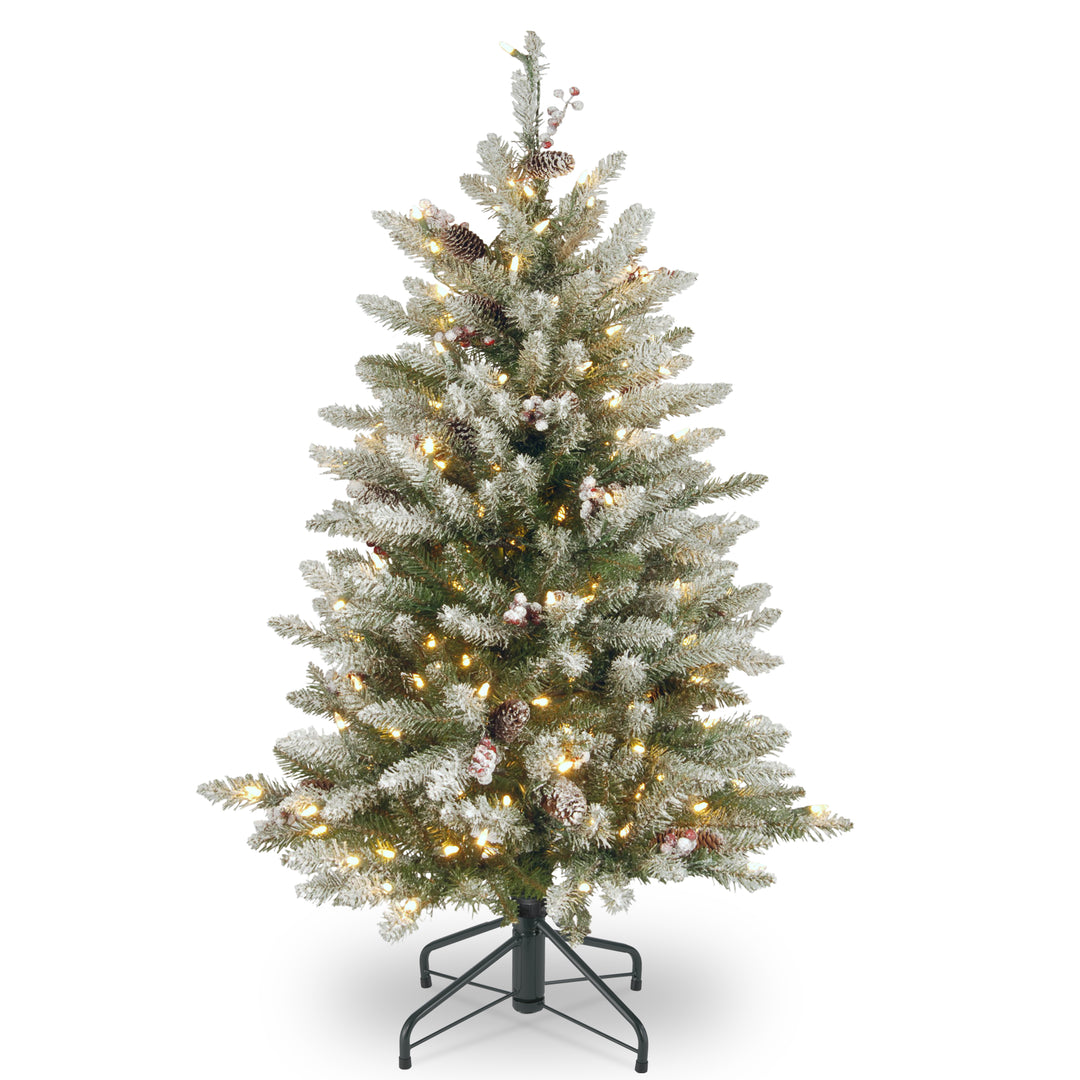 Pre-Lit Artificial Full Christmas Tree, Green, Dunhill Fir, White Lights, Decorated with Pine Cones, Berry Clusters, Frosted Branches, Includes Stand, 4.5 Feet