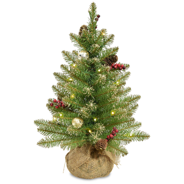 Pre-Lit Artificial Full Christmas Tree, Glittery Gold, Dunhill Fir, White Lights, Decorated with Pine Cones, Berry Clusters, Frosted Branches, Includes Burlap Base, 2 Feet