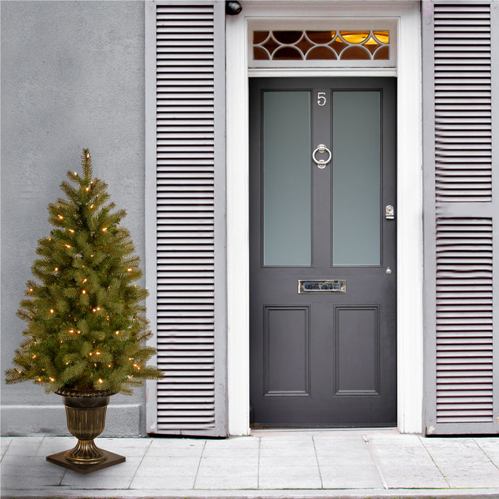 Pre-Lit Artificial Entrance Christmas Tree, Downswept Douglas Fir, Green, White Lights, Includes Metal Base, 4 Feet