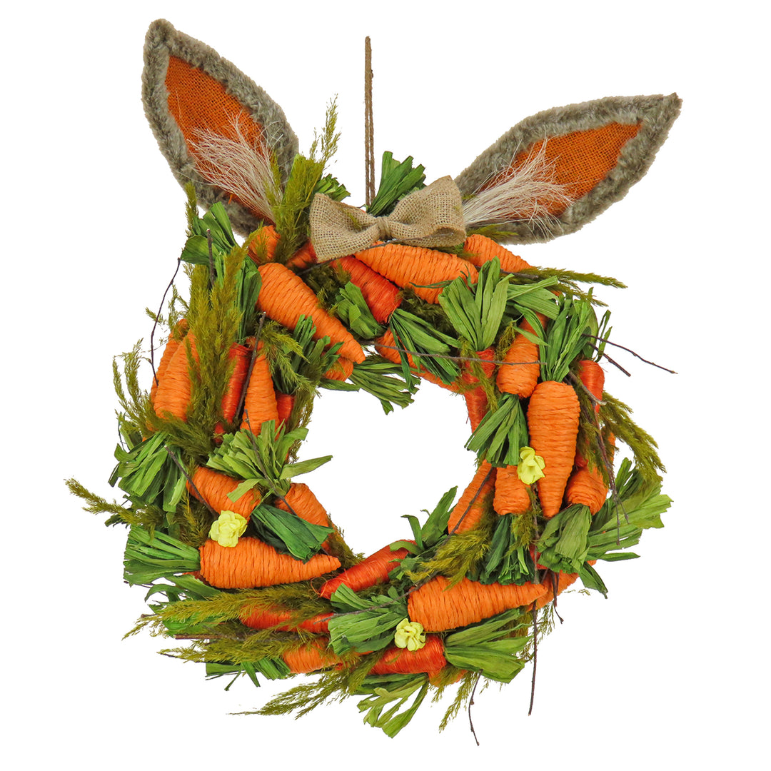 Artificial Hanging Wreath, Foam Ring Base, Decorated with Bunny Ears, Carrots, Leafy Greens, Includes Hanging Loop, Easter Collection, 21 Inches