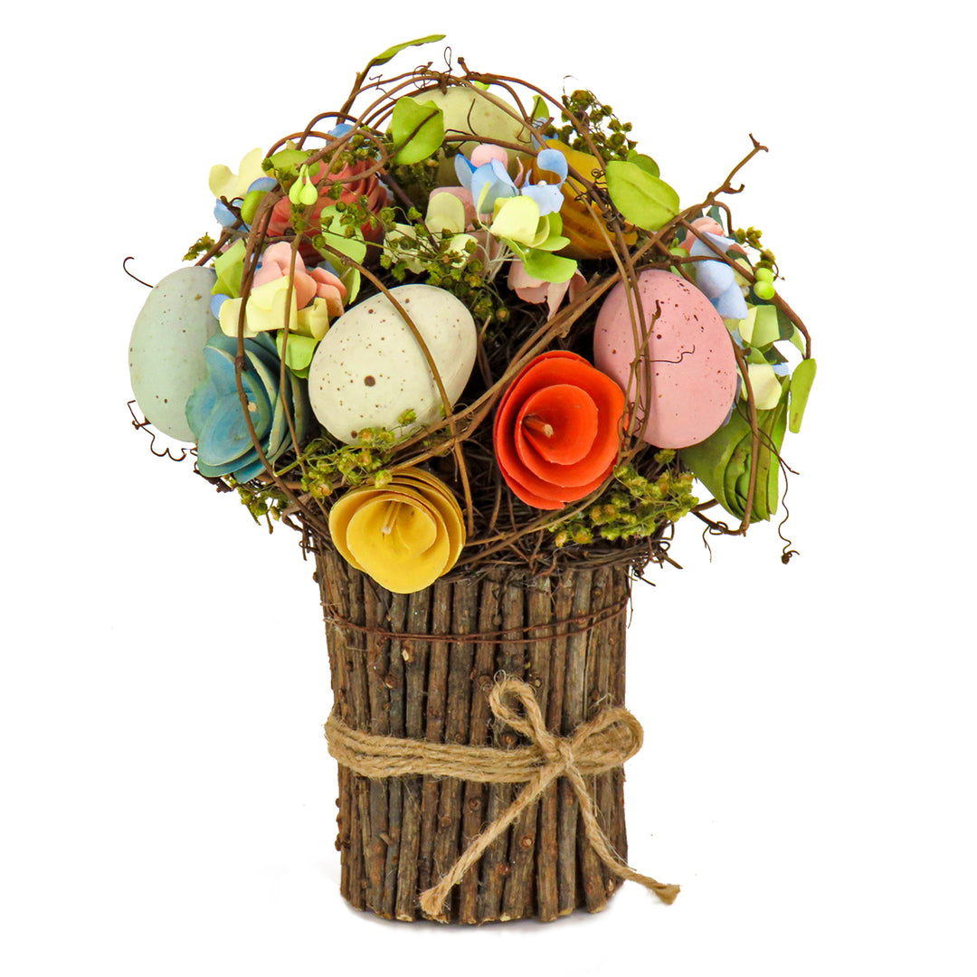 Artificial Floral Bundle, Wooden Branch Base, Decorated with Assorted Flowers, Pastel Eggs, Seed Pods, Wicker, Easter Collection, 8 Inches