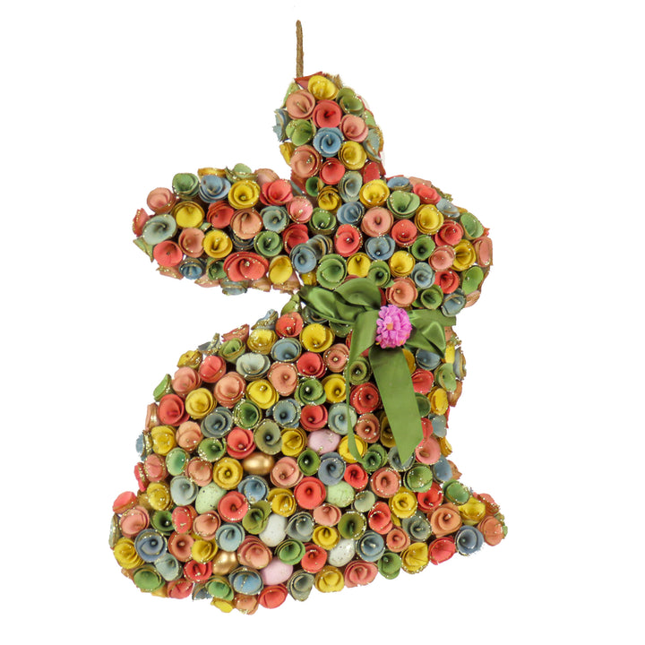 Artificial Hanging Bunny Silhouette, Decorated with Colorful Flower Blooms, Ribbon, Easter Collection, 18 Inches