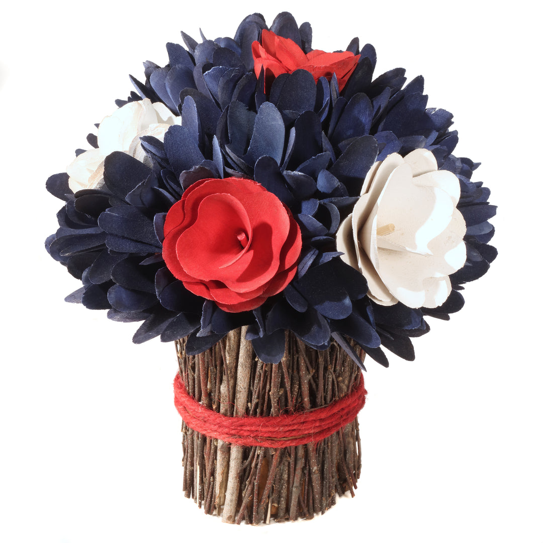 Artificial Patriotic Floral Bundle Blue Decorated with Red and White Flower Blooms Blue Petals Includes Twig Branch Base Fourth of July Collection 9 Inches