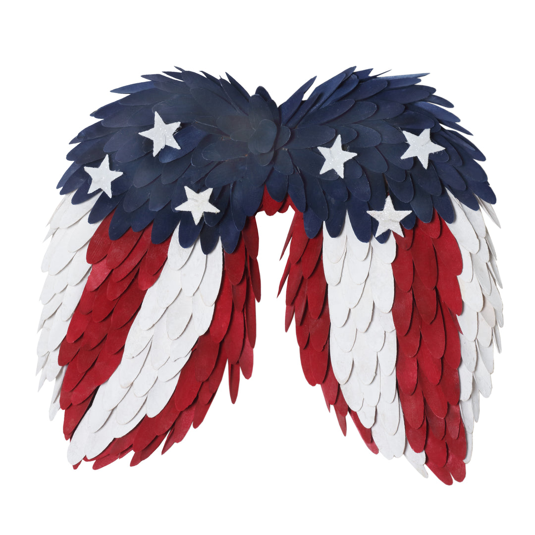 Artificial Patriotic Hanging Wings Wooden Base Decorated with Red White and Blue Wood Cuts 4th of July Collection 15 Inches