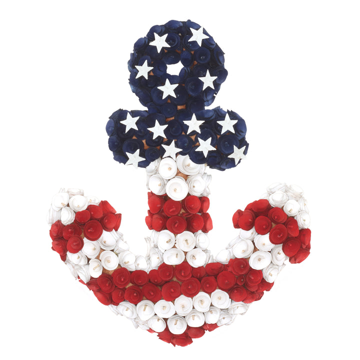 Artificial Patriotic Wreath Decoration Blue Cross Shape Decorated with Red White and Blue Flower Blooms White Stars Fourth of July Collection 20 Inches