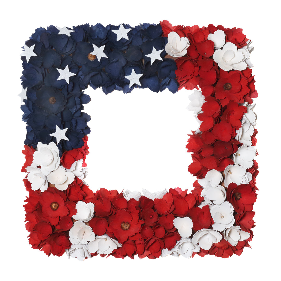 Artificial Patriotic Hanging Square Wreath Wooden Base Decorated with Red White and Blue Flowers Stars 4th of July Collection 22 Inches