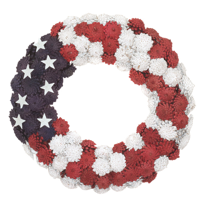Artificial Patriotic Wreath Decoration Red Decorated with Red White and Blue Pine Cones White Stars Fourth of July Collection 18 Inches