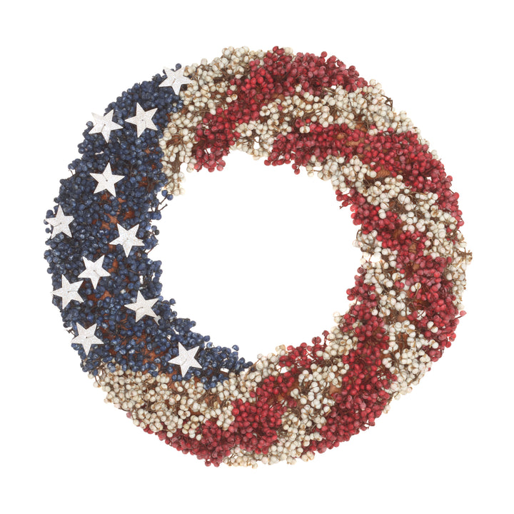 Artificial Patriotic Wreath Decoration Red Decorated with Red White and Blue Berry Clusters White Stars Fourth of July Collection 19 Inches