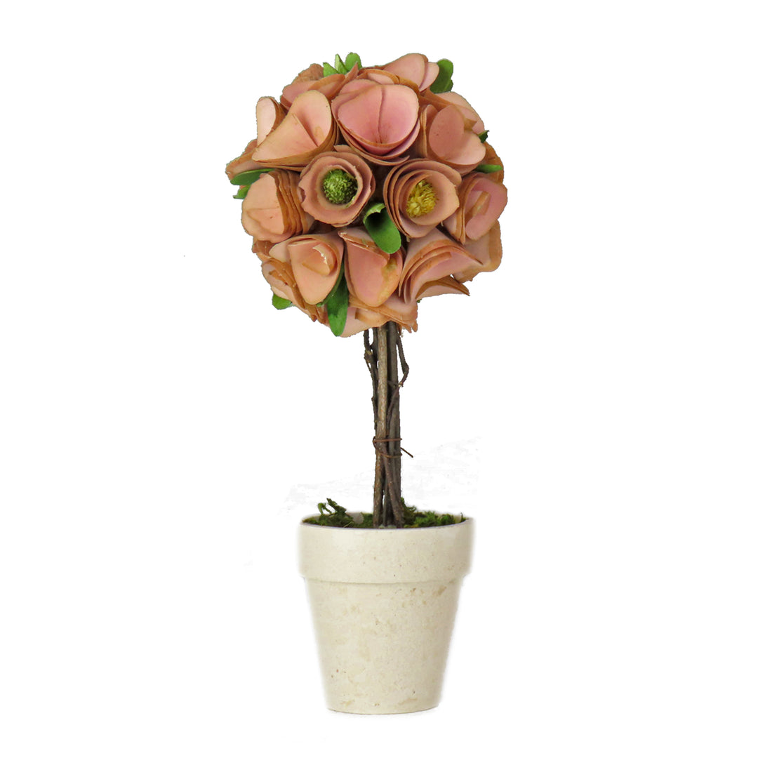 Artificial Spring Topiary, Pink, Decorated with Pink Floral Blooms, White Pot Base, Spring Collection, 12 Inches