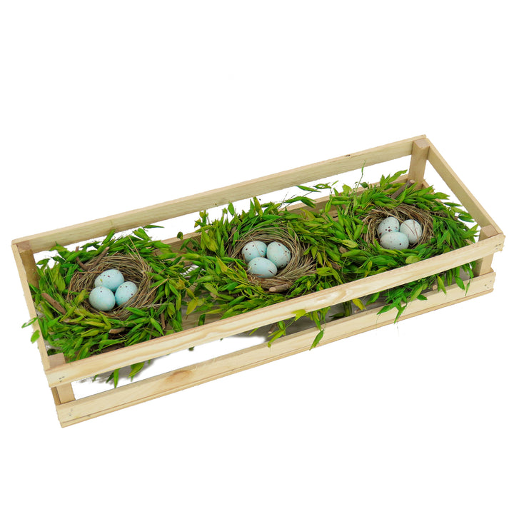 Artificial Triple Nest Table Decoration, Wooden Centerpiece, Includes 3 Bird's Nests with Pastel Eggs, Easter Collection, 17 Inches
