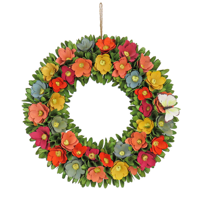 Artificial Wreath Decoration, Multi, Lightweight Foam Base, Decorated with Colorful Assorted Wood Cut Flowers, Flowing Green Leaves, Spring Collection, 20 Inches