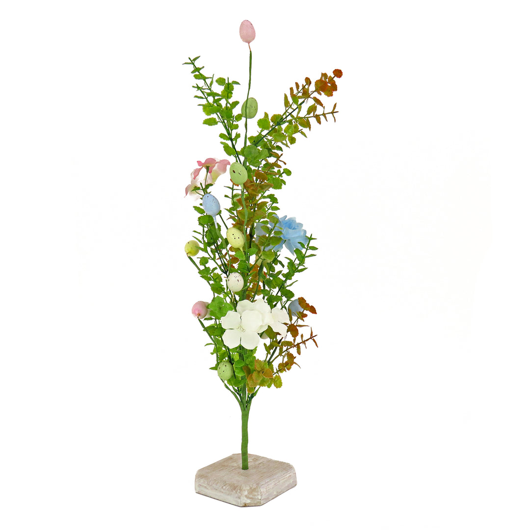 Artificial Decorative Tree, Decorated with Pastel Eggs, Flower Blooms, Includes Wooden Block Base, Easter Collection, 24 Inches