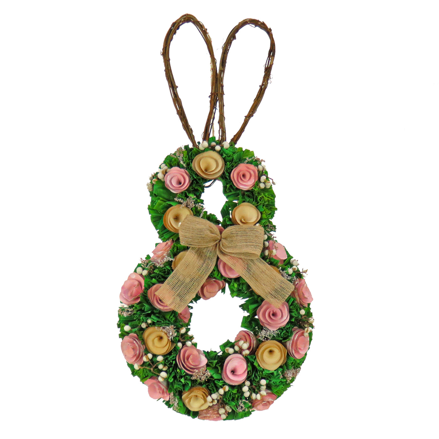 Artificial Hanging Bunny Silhouette, Decorated with Green, Pink and Yellow Flowers, Leafy Greens, Includes Wicker Ears, Easter Collection, 20 Inches - National Tree Company