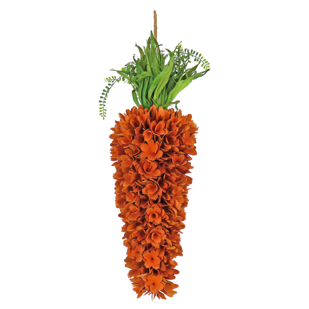 Artificial Hanging Carrot Decoration, Decorated with Orange Flower Blooms, Leafy Greens, Includes Hanging Loop, Easter Collection, 28 Inches