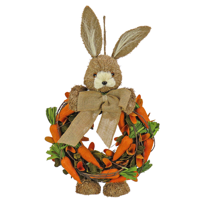 Artificial Hanging Wreath, Foam Ring Base, Decorated with Bunny, Carrots, Vines, Leafy Greens, Easter Collection, 20 Inches