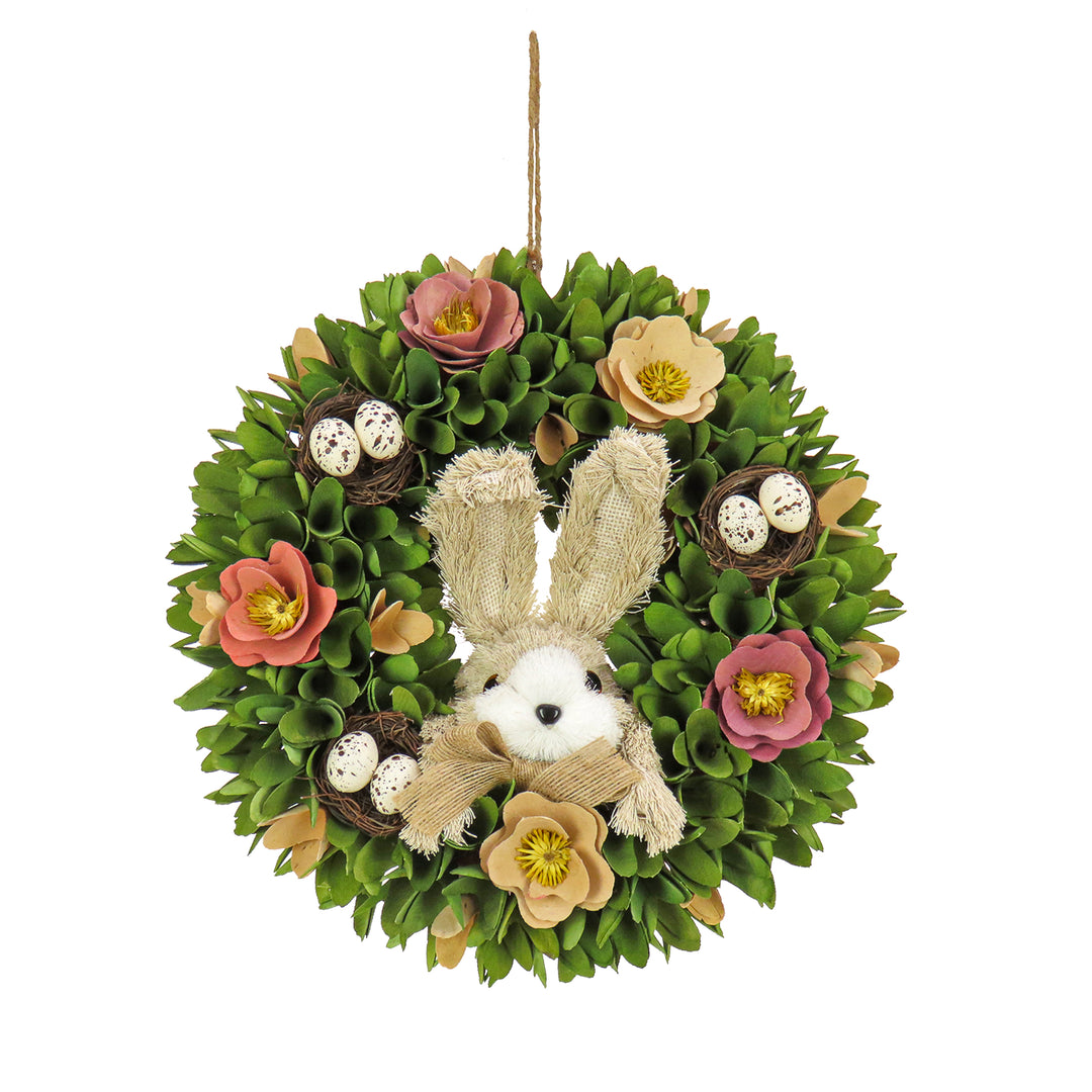 Artificial Hanging Wreath, Foam Ring Base, Decorated with Colorful Flower Blooms, Pastel Eggs, Bunny, Easter Collection, 13 Inches