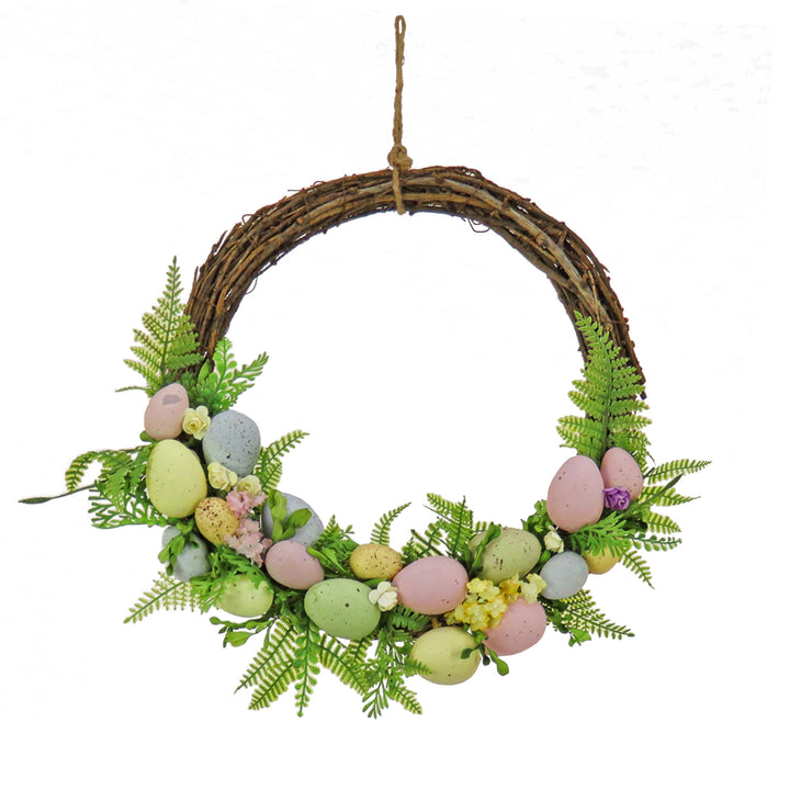 Artificial Hanging Wreath, Woven Branch Base, Decorated with Pastel Eggs, Fern Fronds, Flower Blooms, Easter Collection, 16 Inches