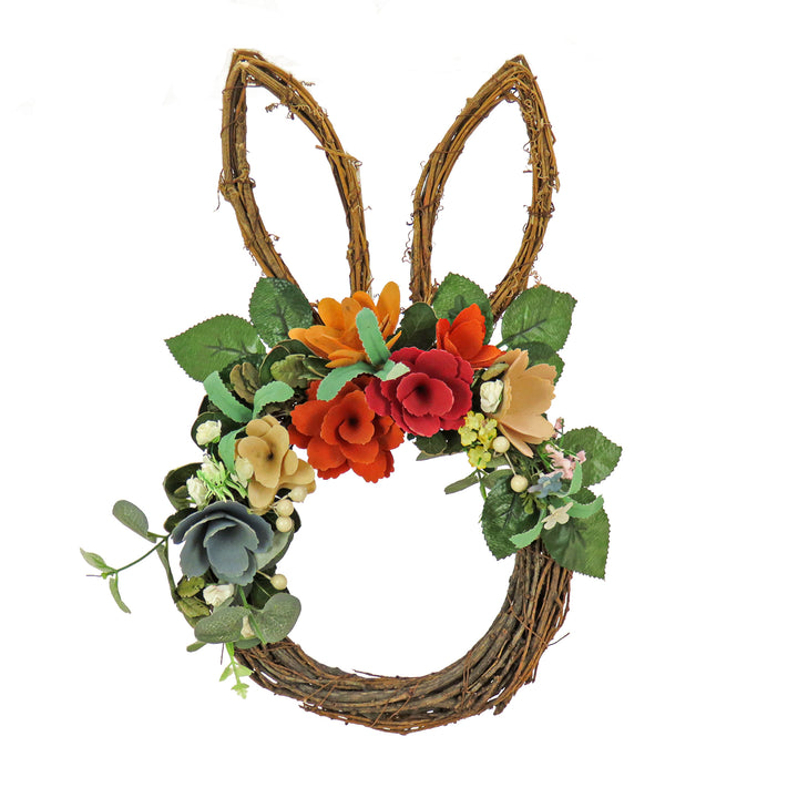 Artificial Bunny Shaped Hanging Wreath, Woven Branch Base, Decorated with Colorful Flower Blooms, Berry Clusters, Leafy Greens, Easter Collection, 17 Inches