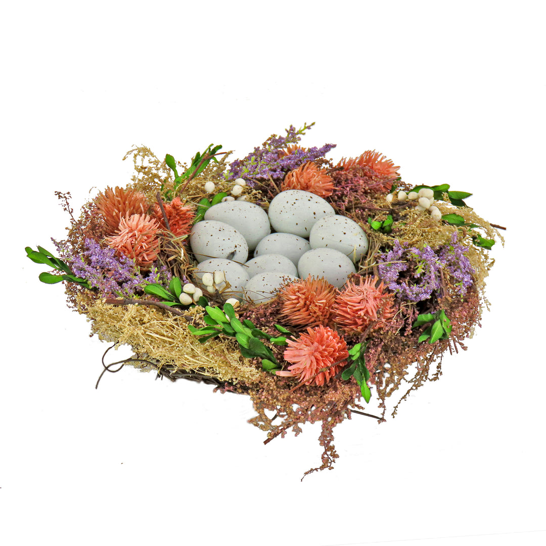 Artificial Floral Bird's Nest Table Decoration, Woven Branch Base, Decorated with Assorted Flowers, Leafy Greens, Pastel Eggs, Easter Collection, 10 Inches