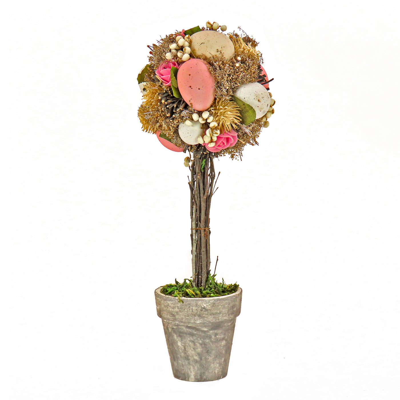 Artificial Potted Plant, Decorated with Pastel Eggs, Berry Clusters, Leafy Greens, Includes Distressed Gray Pot, Easter Collection, 14 Inches - National Tree Company