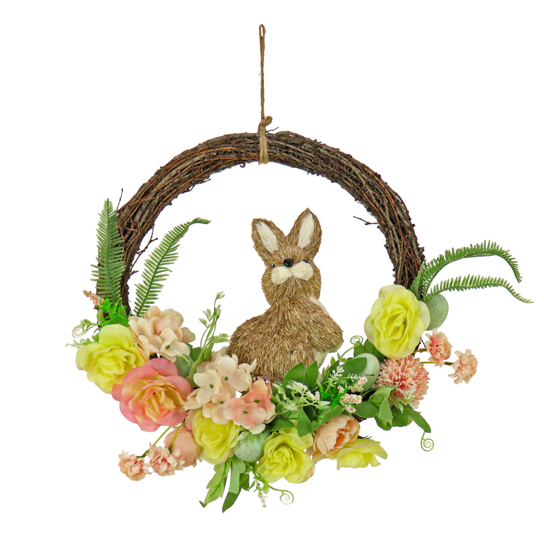 Artificial Hanging Wreath, Woven Branch Base, Decorated with Pastel Flower Blooms, Bunny, Leafy Greens, Easter Collection, 16 Inches