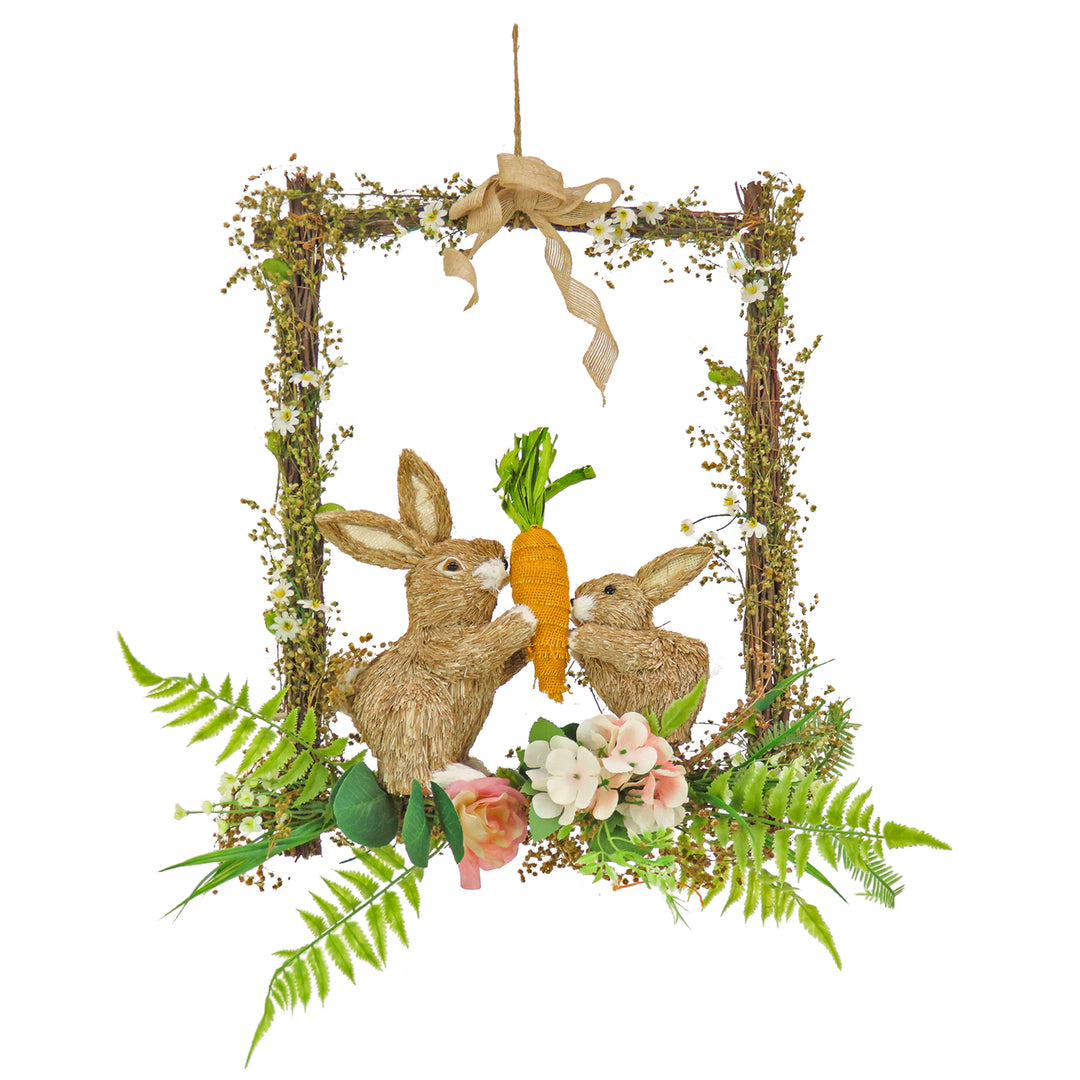 Bunnies Hanging Wall Decoration, Wooden Base, Decorated with Two Bunnies, Carrots, Flower Blooms, Leafy Greens, Easter Collection, 14 Inches