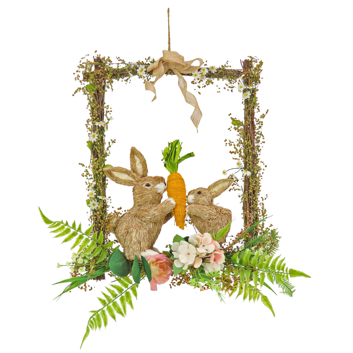 14 in. Easter Bunnies Hanging Wall Decoration Decorated with Two Bunnies, Carrots, Flower Blooms, Leafy Greens - National Tree Company