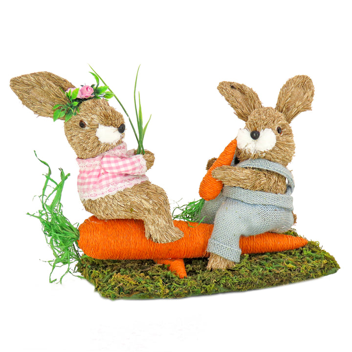Two Bunnies Table Decoration, Two Bunnies Resting on Carrot, Artificial Grassy Base, Easter Collection, 14 Inches