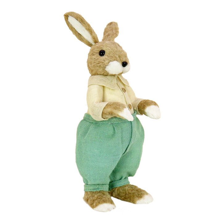 Standing Bunny Table Decoration, Soft Straw with Foam Base, White Shirt and Teal Pants, Easter Collection, 24 Inches