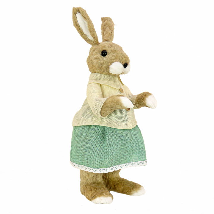 Standing Bunny Table Decoration, Soft Straw with Foam Base, Buttoned White Blouse and Teal Skirt, Easter Collection, 24 Inches
