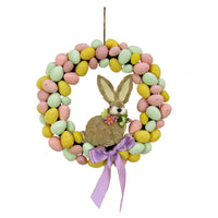 Artificial Hanging Wreath, Woven Branch Base, Decorated with Pastel Eggs, Ribbon, Bunny, Easter Collection, 16 Inches - National Tree Company