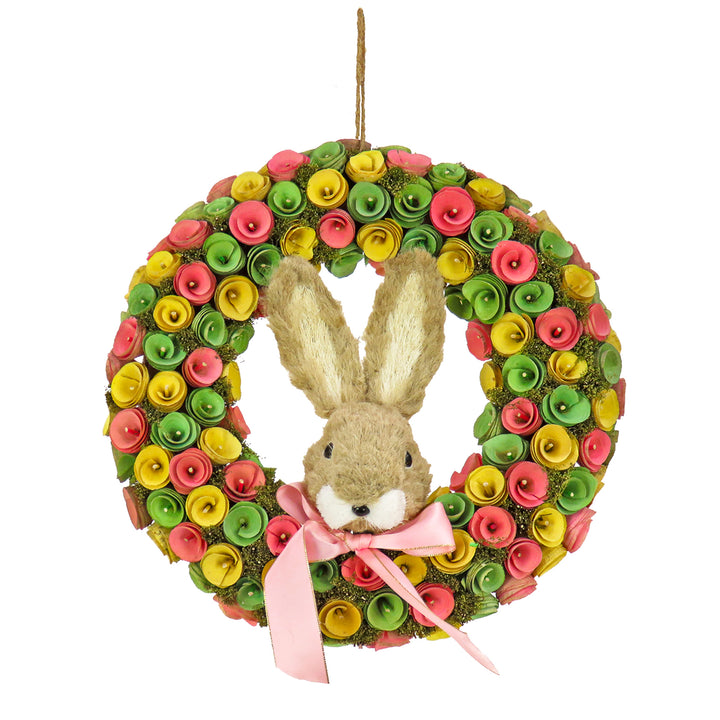 Artificial Hanging Wreath, Foam Base, Decorated with Colorful Flower Blooms, Ribbon, Bunny Head, Easter Collection, 16 Inches