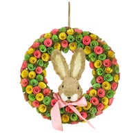 Artificial Hanging Wreath, Foam Base, Decorated with Colorful Flower Blooms, Ribbon, Bunny Head, Easter Collection, 16 Inches - National Tree Company