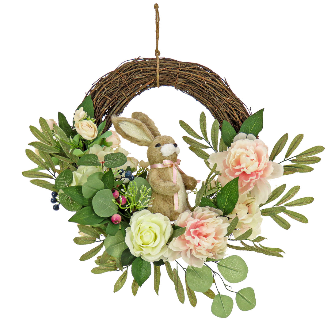 Artificial Hanging Wreath, Woven Branch Base, Decorated with Pastel Flower Blooms, Bunny, Leafy Greens, Easter Collection, 18 Inches