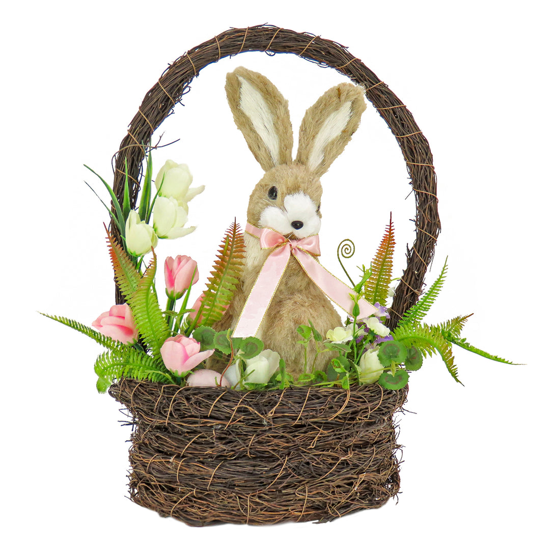 Woven Basket with Bunny Table Decoration, Woven Branch Base, Decorated with Fern Fronds, Tulips, Easter Collection, 17 Inches