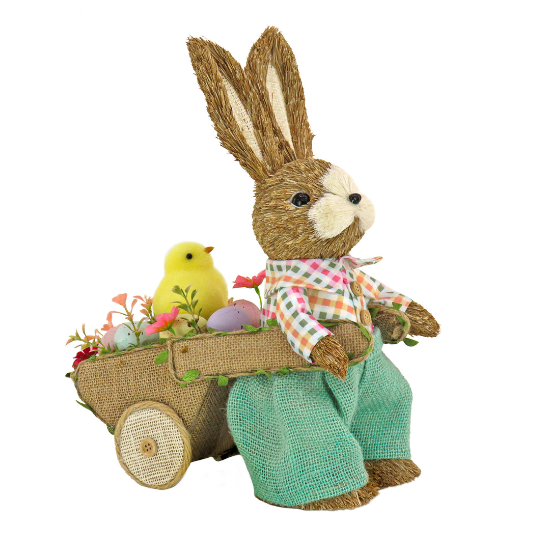Male Bunny with Wagon Table Decoration, Decorated with Pastel Eggs, Chick, Easter Collection, 14 Inches