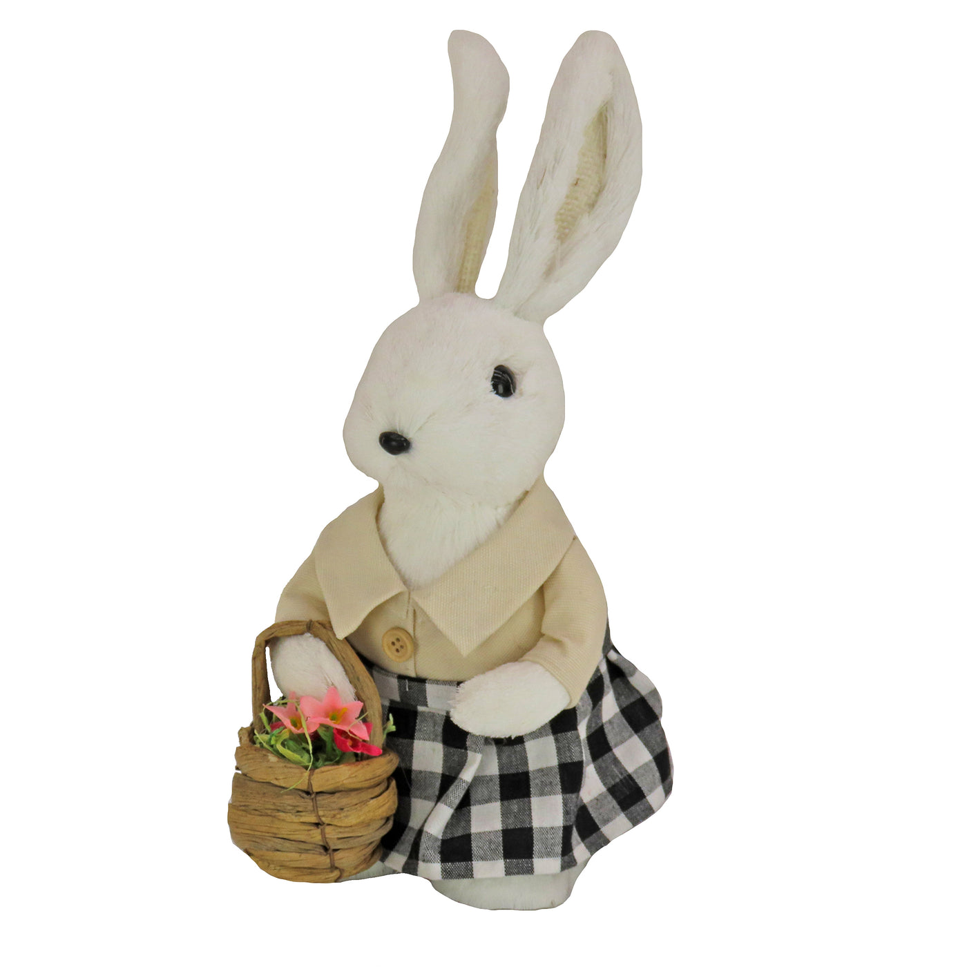 Fluffy Female Bunny Table Decoration, Soft Straw Fibers with Foam Base, Dressed in Buttoned Shirt, Skirt, Basket, Easter Collection, 12 Inches - National Tree Company