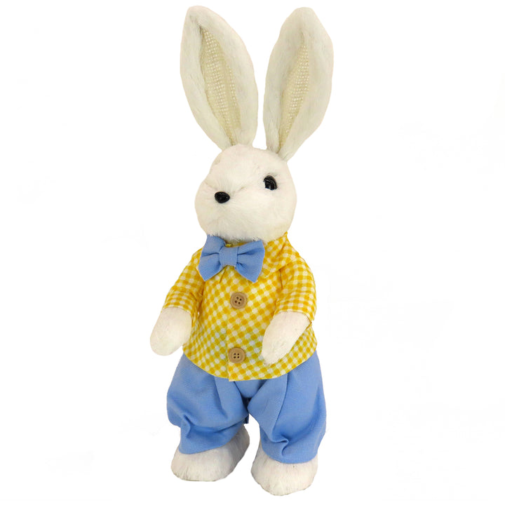 Fluffy Male Bunny Table Decoration, Soft Straw Fibers with Foam Base, Dressed in Buttoned Checkered Shirt, Pants, Bowtie, Easter Collection, 14 Inches