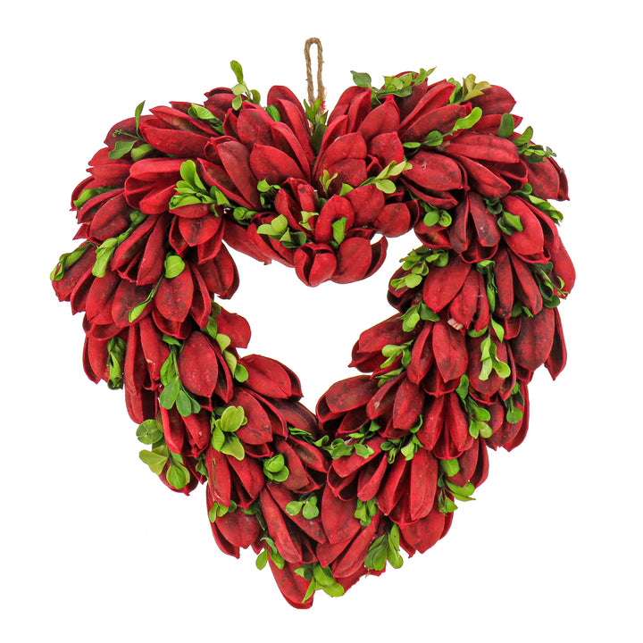 Artificial Valentine's Floral Heart Wreath, Decorated with Red Leaves, Valentine's Day Collection, 12 Inches