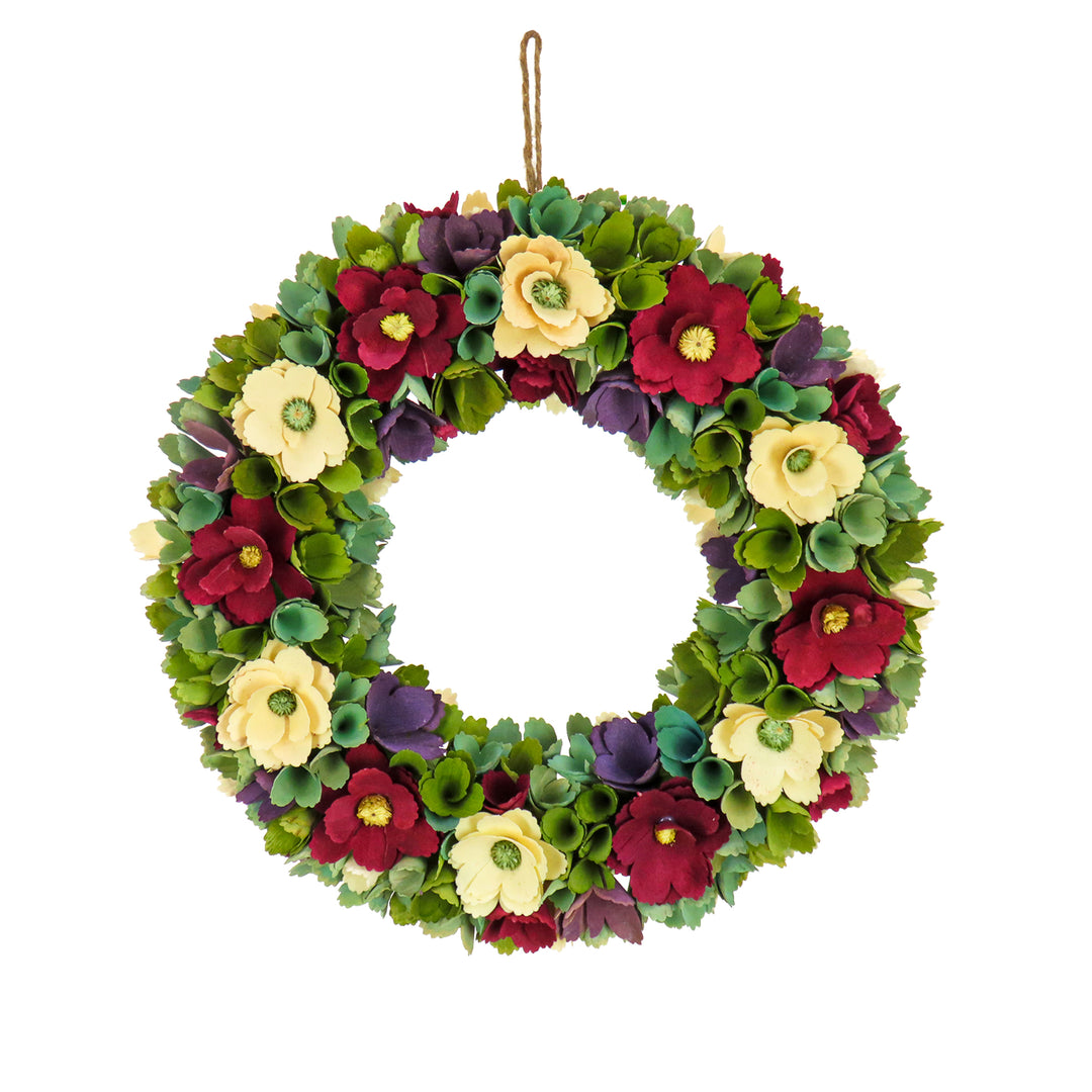 Artificial Wreath Decoration, Red, Lightweight Foam Base, Decorated with Red and Cream Assorted Wood Cut Flowers, Flowing Green Leaves, Spring Collection, 18 Inches