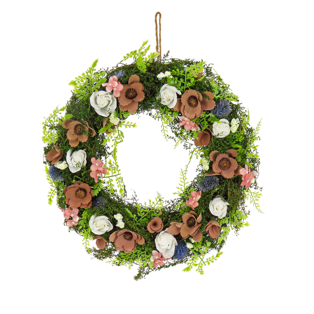 Artificial Wreath Decoration, Pink, Lightweight Foam Base, Decorated with Assorted Flower Blooms, Roses, Seed Pods, Flowing Green Stems, Spring Collection, 18 Inches