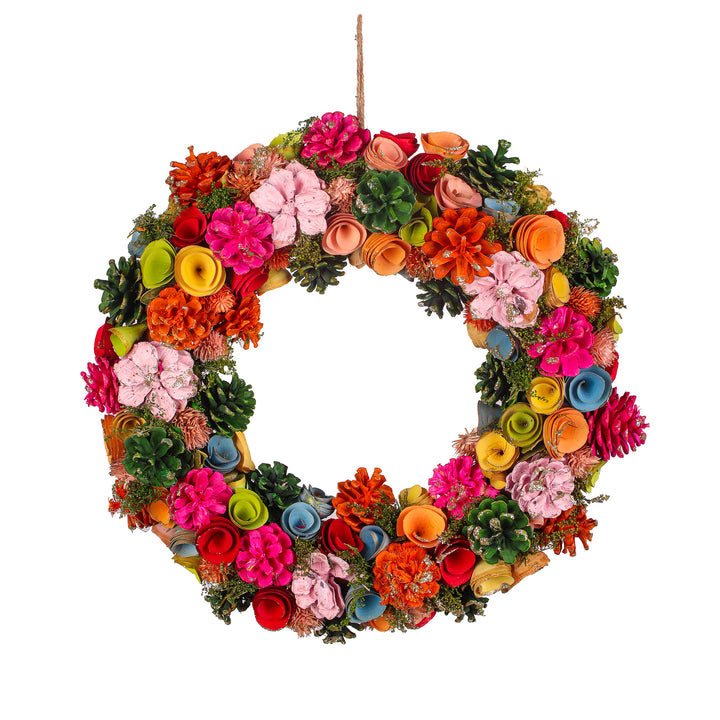 18" Spring Multicolor Floral Wreath with Pinecones