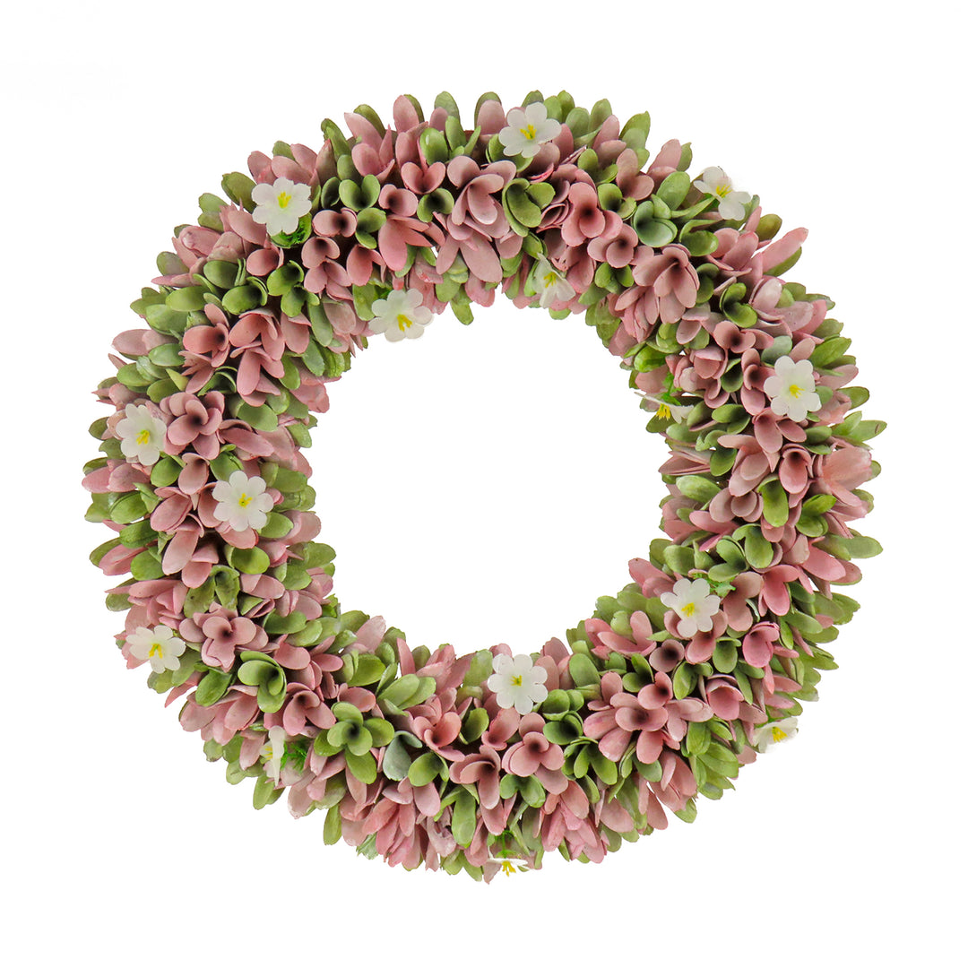 Artificial Wreath Decoration, Pink, Lightweight Foam Base, Decorated with Pink and Green Assorted Wood Cut Flowers, Flowing Green Leaves, Spring Collection, 18 Inches