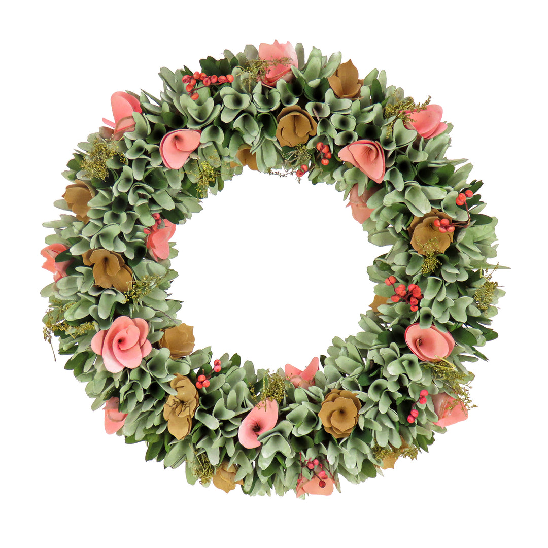 Artificial Wreath Decoration, Multi, Lightweight Foam Base, Decorated with Pink and Brown Assorted Wood Cut Flowers, Flowing Green Leaves, Spring Collection, 18 Inches