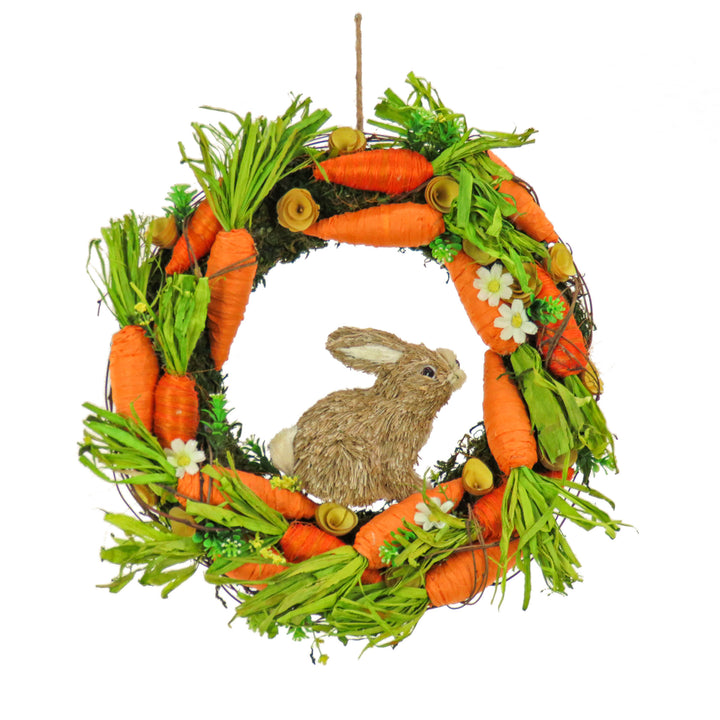 Artificial Hanging Wreath, Foam Grassy Base, Decorated with Carrots, Flower Blooms, Bunny, Easter Collection, 15 Inches
