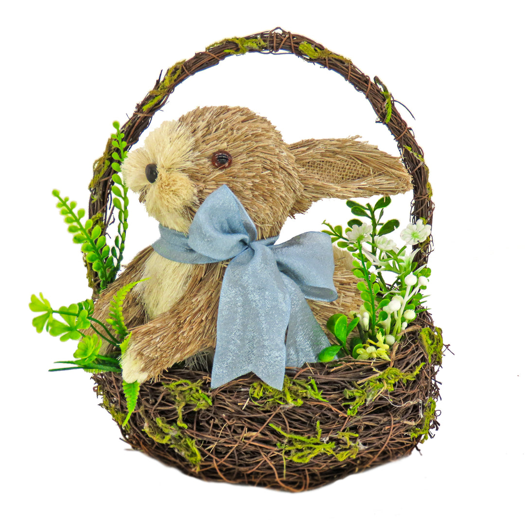 Woven Basket with Bunny Table Decoration, Woven Branch Base, Decorated with Fern Fronds, Tulips, Easter Collection, 10 Inches