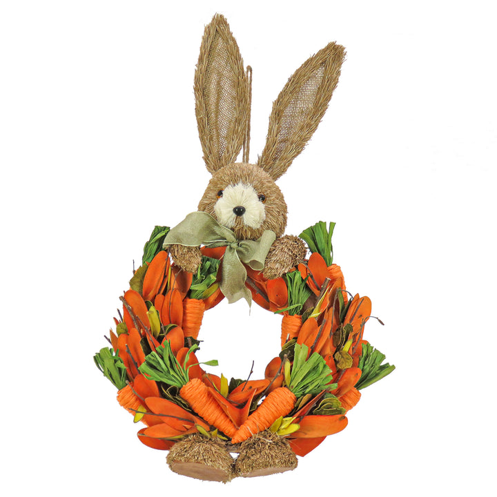 Artificial Hanging Wreath, Foam Base, Decorated with Carrots, Orange Petals, Bunny Head and Feet, Includes Hanging Loop, Easter Collection, 20 Inches