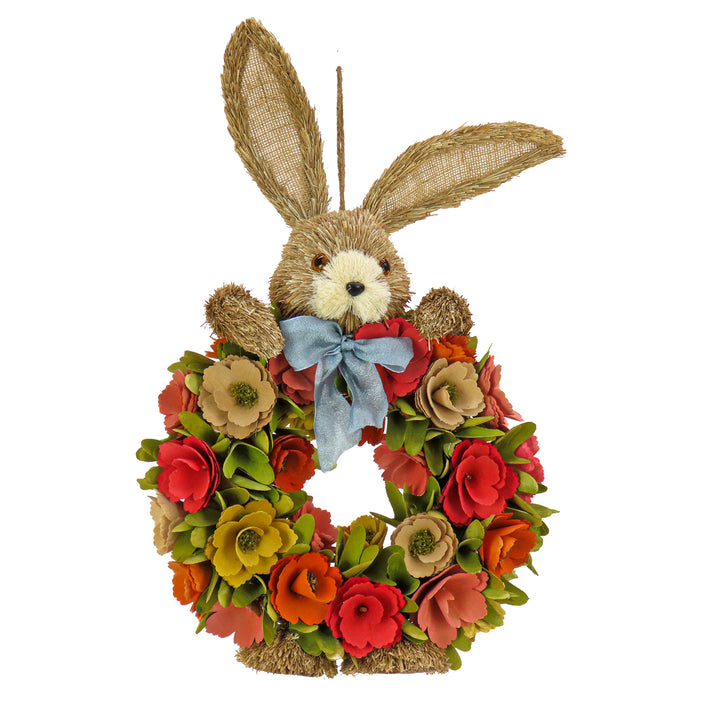 Artificial Hanging Wreath, Foam Base, Decorated with Red, Orange and Green Flower Blooms, Bunny Head and Feet, Includes Hanging Loop, Easter Collection, 20 Inches