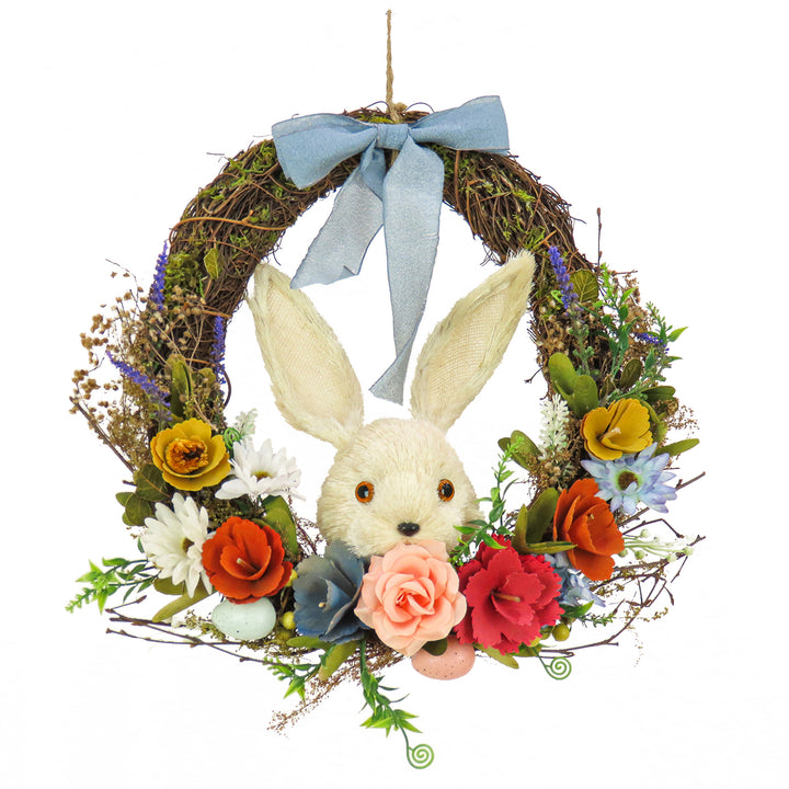 Artificial Hanging Wreath, Woven Branch Base, Decorated with Multicolor Flower Blooms, Leafy Greens, Bunny Head, Easter Collection, 16 Inches
