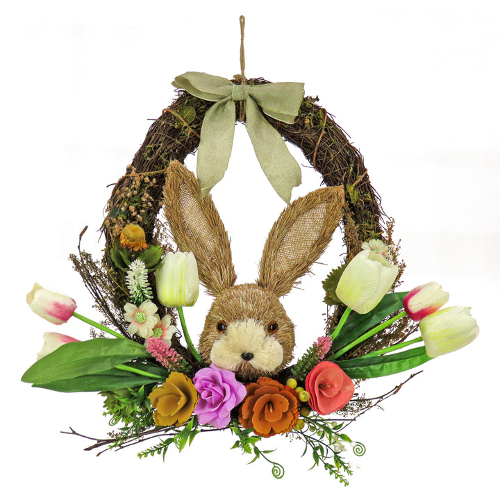 Artificial Hanging Wreath, Woven Branch Base, Decorated with Multicolor Flower Blooms, Tulips, Leafy Greens, Bunny Head, Easter Collection, 16 Inches